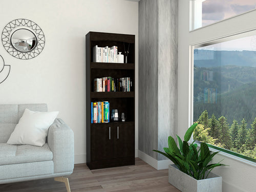 Black Metal Hardware Bookcase with Double Door Cabinet and Three Shelves