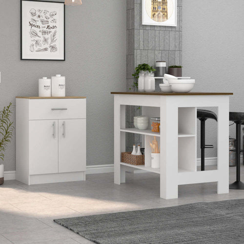 2 Piece Kitchen Island and Pantry Cabinet Set, White/Walnut/Light Oak