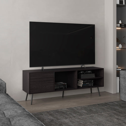 63" TV Stand with Cabinet and Open Shelves, Black Wengue