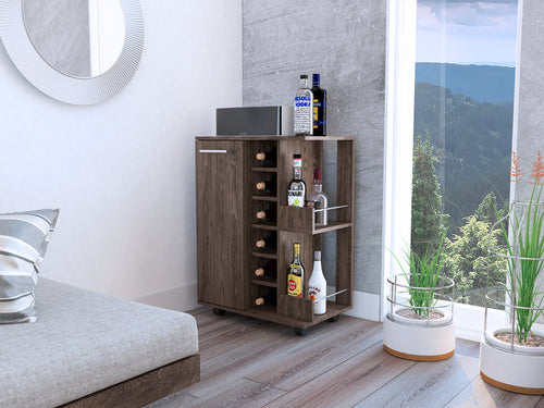 Dark Walnut Bar Cart with Wine Rack and Cabinet