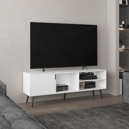 63" TV Stand with Cabinet and Open Shelves, White