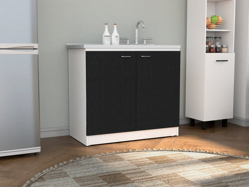 Double Door Utility Sink Cabinet With Shelf - White/Black