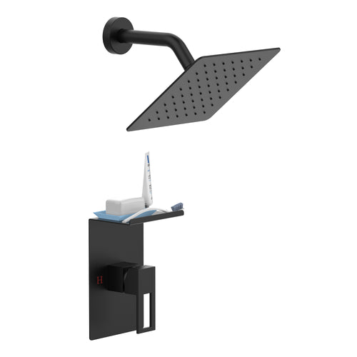 Matte Black 8-inch Rain Shower Head Faucet Set with Storage Rack