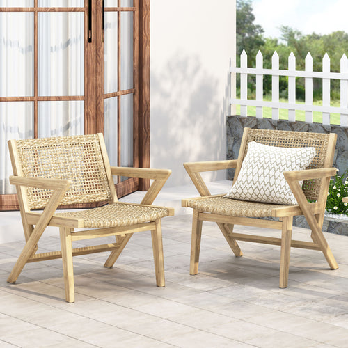 Club Chair Transitional Wicker Light Brown Acacia Frame Set of 2 24x27x28 In
