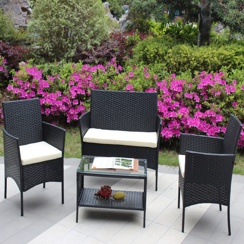 4 Pc Rattan Patio Furniture Set Wicker Sofa Beige Cushion