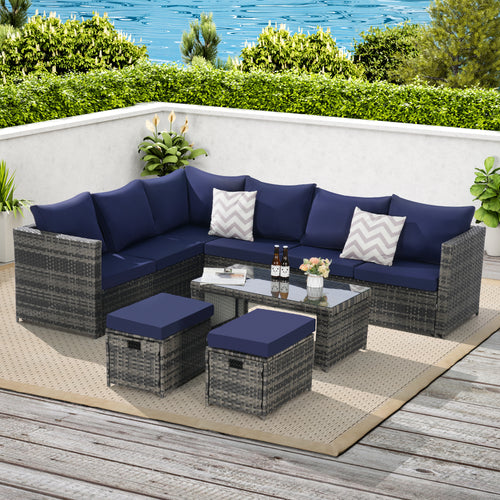 Outdoor Patio Set PE Rattan Steel Dark Blue 6 Piece Seats 8