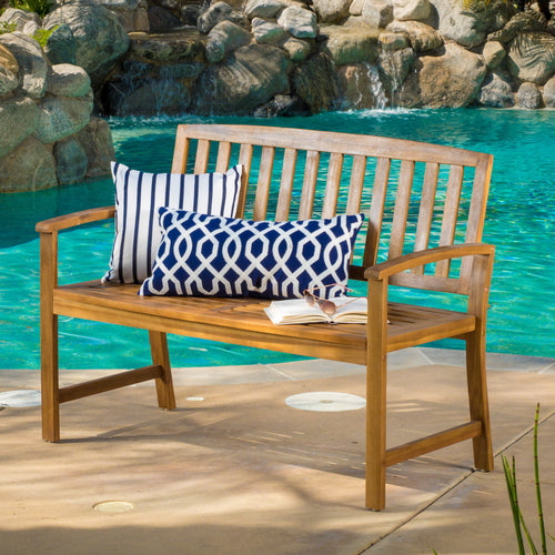 Outdoor Bench Acacia Wood Teak Finish Farmhouse Backrest 48.82x23.62 In 250 LB