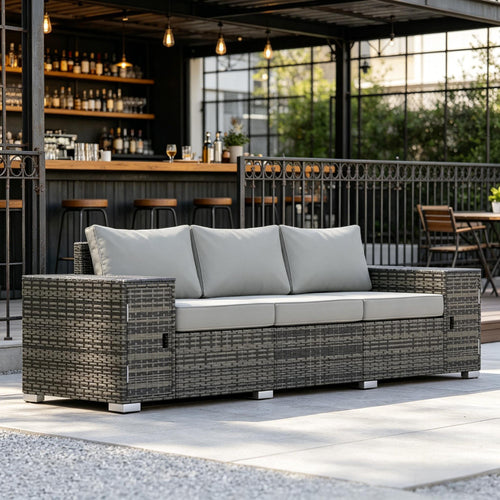 Outdoor Sofa Set Wicker Gray 3 Seat Storage Armrests 794 lb Capacity