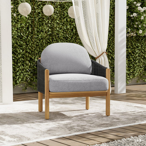 Outdoor Club Chair Acacia Wood Rope Woven Dark Gray Cushion
