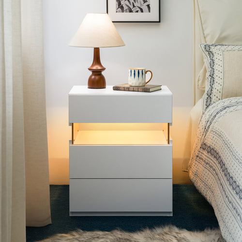 LED Nightstand 3 Drawer Dresser Bedside Table White