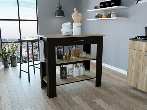 Cala Kitchen Island 40" Black Light Oak Two Shelves Drawer