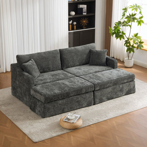 Charcoal Chenille Double-Seat Sofa with 2 Ottomans & Pillows