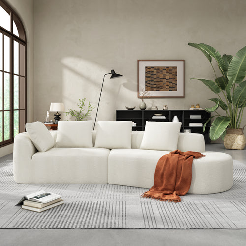 Sectional Sofa Curved Pearl Polyester Beige 3 Seat Right Chaise 116 In