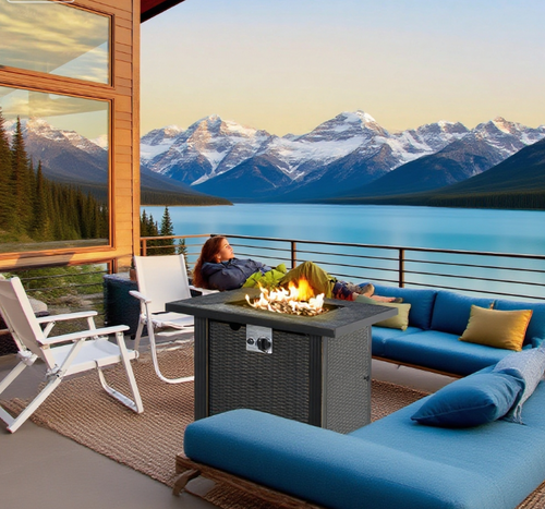 Outdoor Propane Gas Fire Pit Table Square Auto-Ignition Wicker