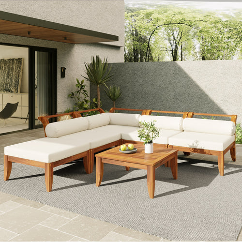 Outdoor Patio Set L-Shape Acacia Wood Teak Beige Cushions 6 Piece