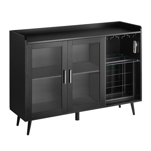 Wine Cabinet with Glass Holder & LED Lights, Black Wood