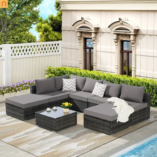 Outdoor Sectional Set PE Rattan Steel Dark Gray 8 Piece Seats 8 360 LB