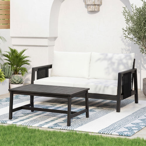 Outdoor Sofa Set Acacia Wood Textilene 2 Piece Dark Gray White Cushion