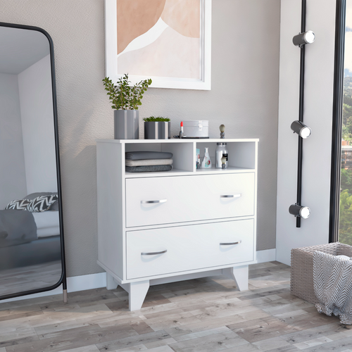 White Two Drawer Dresser with Open Shelves