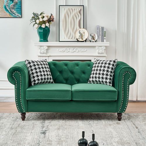65" Green Velvet Chesterfield Sofa with Nailhead & Roll Armrest