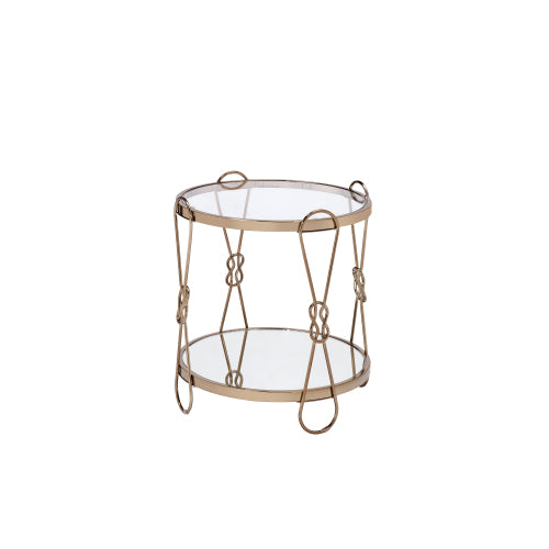 Drum End Table - Mirrored Top & Shelf - Champagne Metal Frame