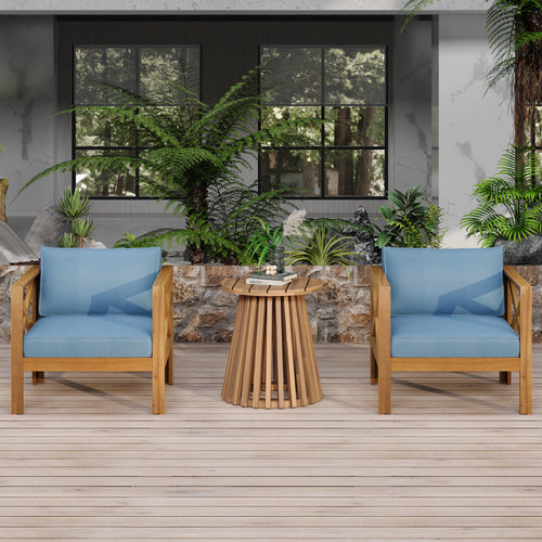 Outdoor Conversation Set Acacia Wood Teak 3 Piece Club Chairs Blue