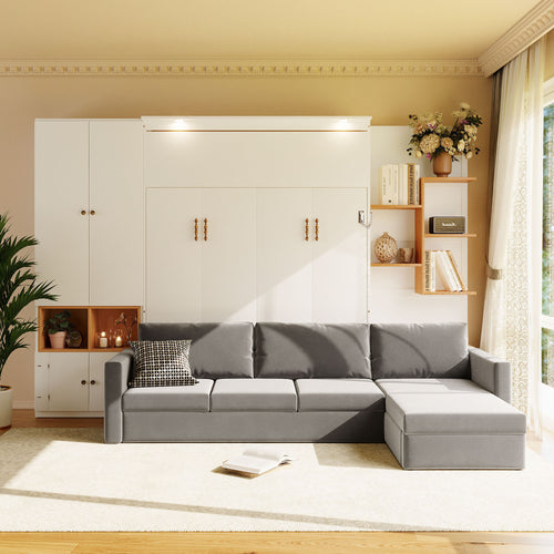 Queen Size Murphy Bed with Large Sofa, Storage Shelves & Cabinets, Modern Space-Saving Wall Bed with Dual Lights-White & Gray Sofa