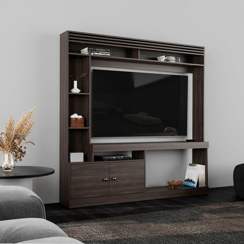 71" Dark Walnut Entertainment Center TV Stand 8 Shelves