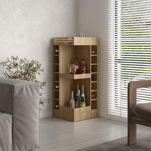 3-Tier Corner Wine Bar Cabinet 46" Tall Light Oak Storage