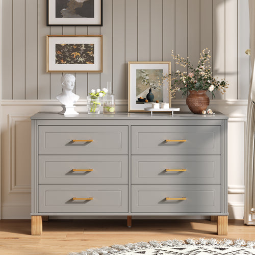 6-Drawer Gray Wooden Dresser with Metal Handles