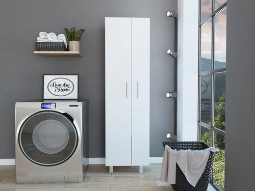White Double Door Cleaning Cabinet 5 Shelves 4 Legs Storage