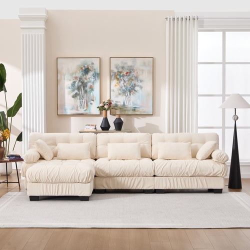 Sectional Sofa L-Shape Flannelette Beige 4 Seat Ottoman 123 In Deep Seat