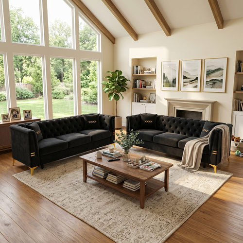 FX-P83 Black Velvet 3-Seater Sofa Set of 2 with Gold Legs