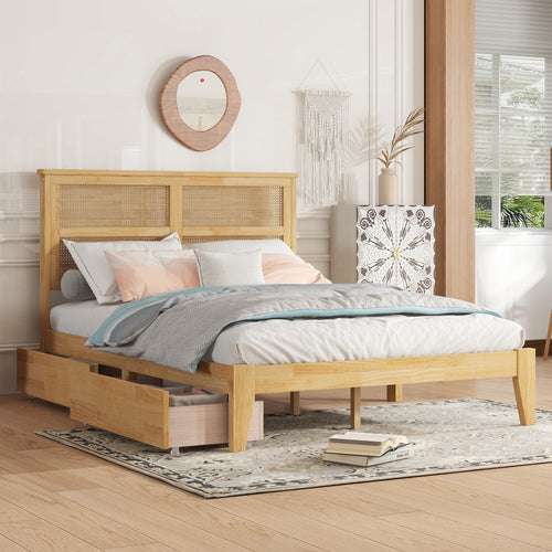 Full Size Bed with Rattan Headboard and Storage Drawers