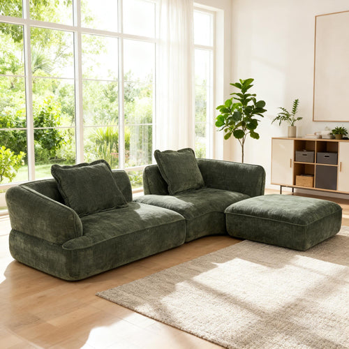 Sectional Sofa L-Shape Deep Seat Polyester Green 4 Seat 121 In