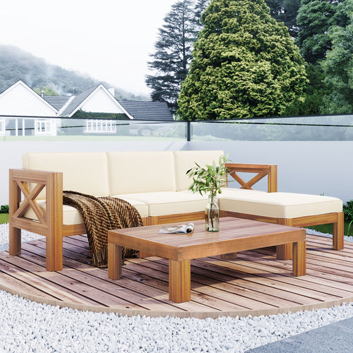 Outdoor Patio Sectional Set Acacia Wood Natural Beige Cushions 5 Piece