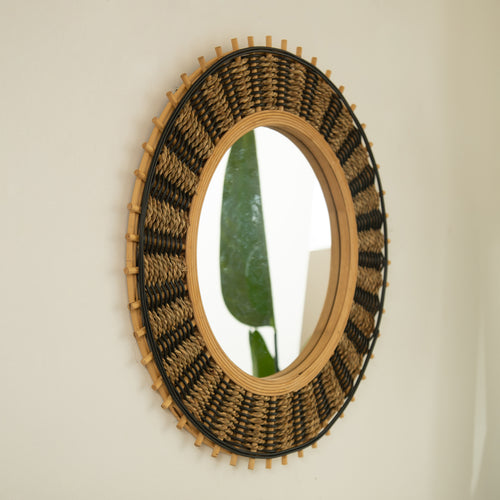 Wall Mirror Round Bamboo Hemp Rope Frame Natural Boho 23 In