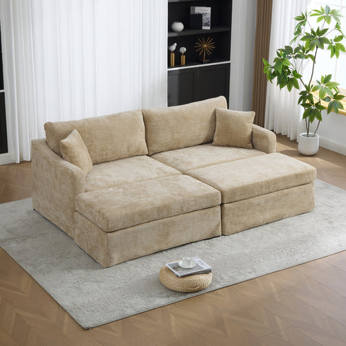 Extra-Large Double-Seater Sofa with Ottomans, Chenille, Wheat