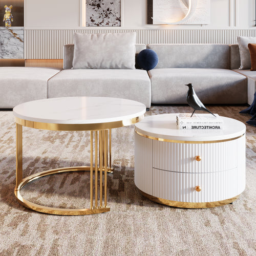 White Round Nesting Coffee Table with Drawers 27.6