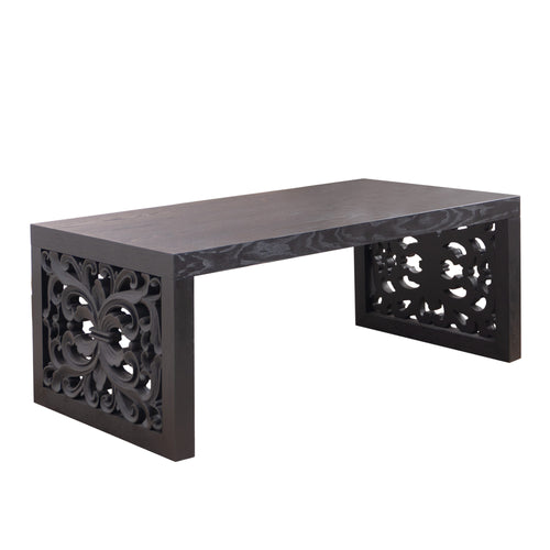 47.2 in Solid Black Carved Wood Coffee Table, Handcrafted Ornate Side Panels