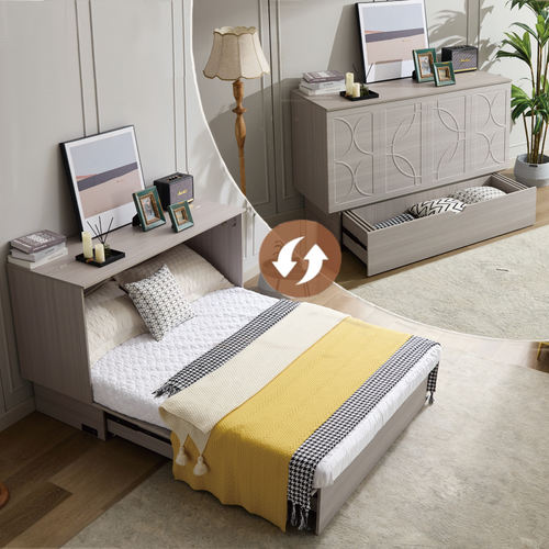 Queen Wood Murphy Bed with Storage Drawers Gray
