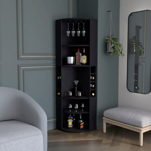 Oban Corner Bar Cabinet with Five Shelves and Eight Bottle Cubbies