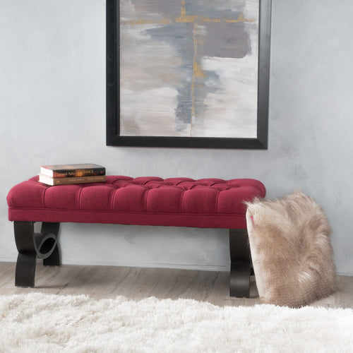 Ottoman Bench Button Tufting Half-Circle Legs, Red Fabric, 41x17x16.75