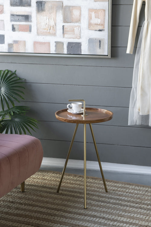 Acacia Wood Side Table Tripod Steel Legs Brown Gold 16x23.5