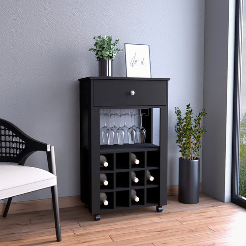 Black Bar Cart with Wine Rack and Open Shelf
