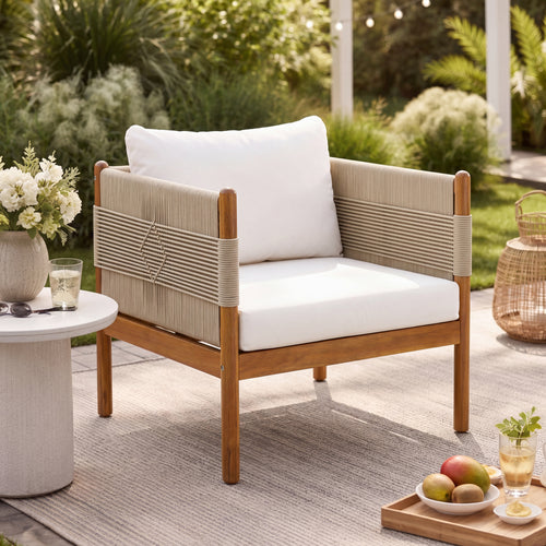 Acacia Wood Club Chair Diamond Rope Weave Teak Cushions
