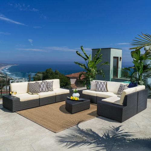 Outdoor Sectional Set PE Rattan Iron Dark Brown 8 Piece No Assembly