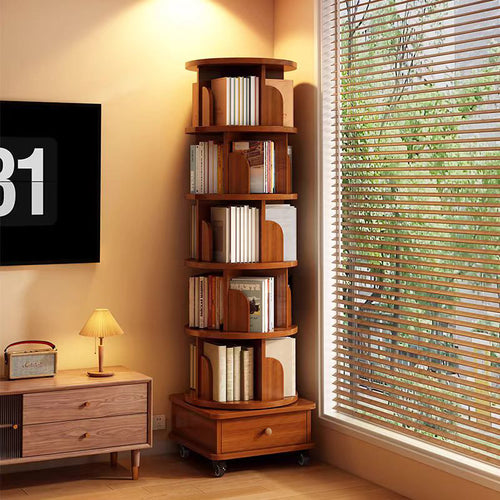 360 Rotating 6-Tier Bookshelf with Wheels, Walnut