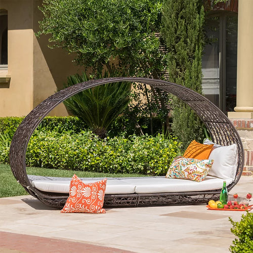 Outdoor Daybed Wicker Aluminum Brown Beige Cushion 91in 600 LB