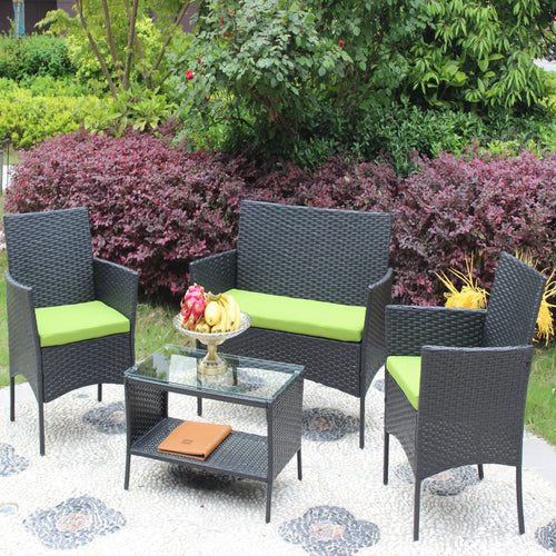 4 PC Rattan Wicker Patio Furniture Set with Green Cushions